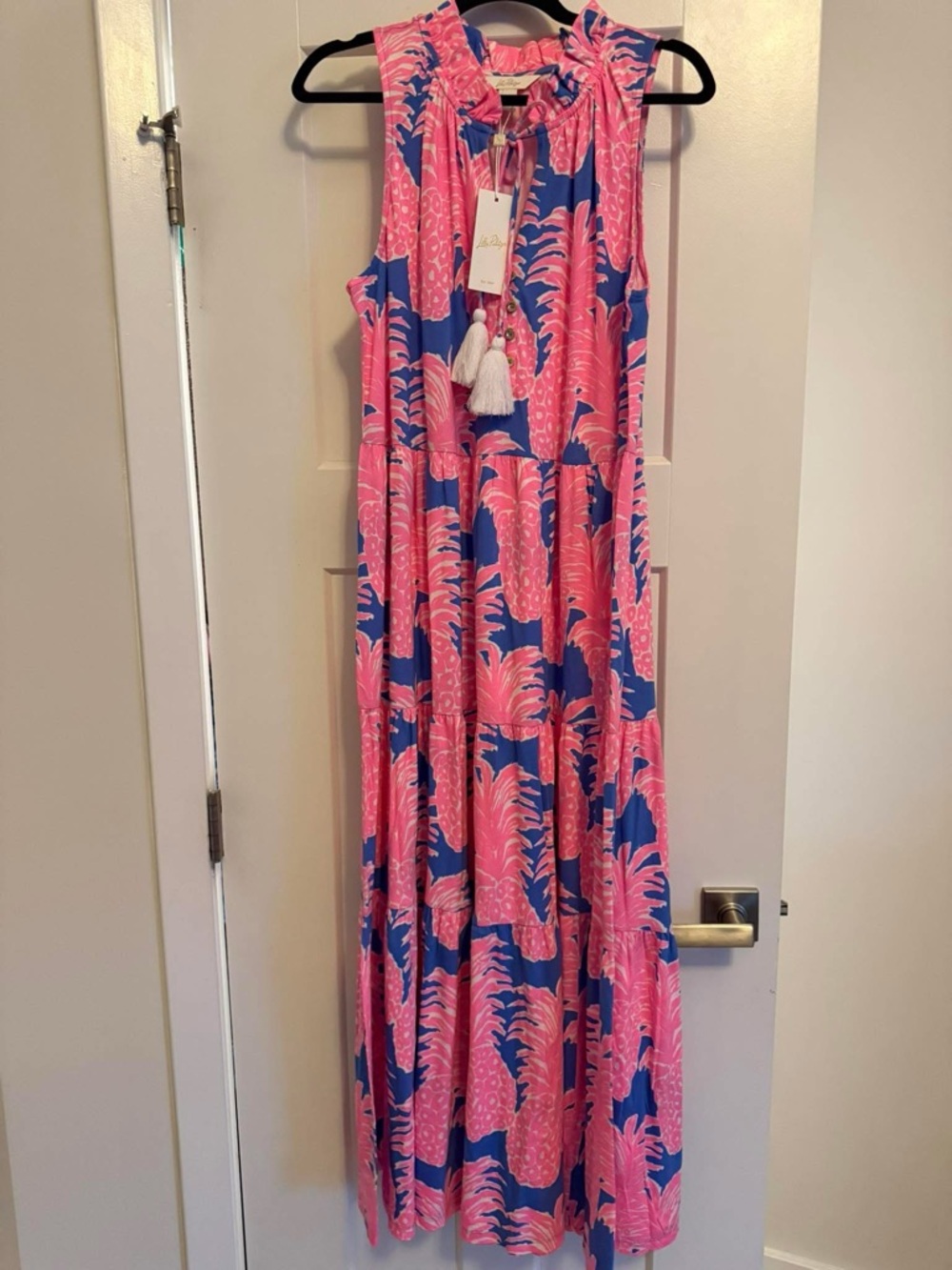 Lilly Pulitzer Pink & Blue Tropical Tassel Maxi Dress